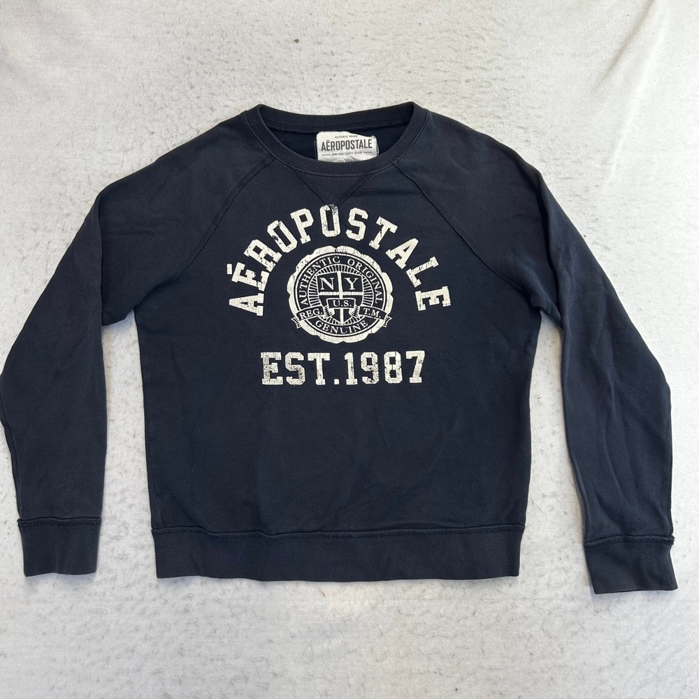 Aeropostale Sweatshirt Mens Medium Navy Blue Graphic Logo Raglan Long Sleeve